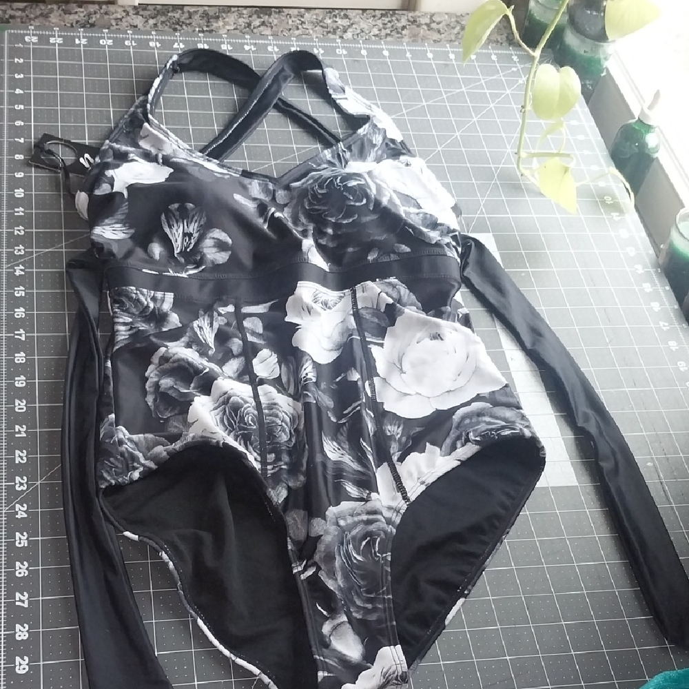 Black & White Floral Kids One-Piece Bodysuit - Crisscross Back